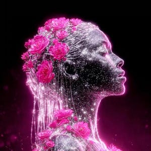 May include: Digital artwork showing a profile of a face with a shimmering, silver texture. Pink roses are arranged on the head and neck, set against a dark backdrop. The image has a radiant, otherworldly appearance.