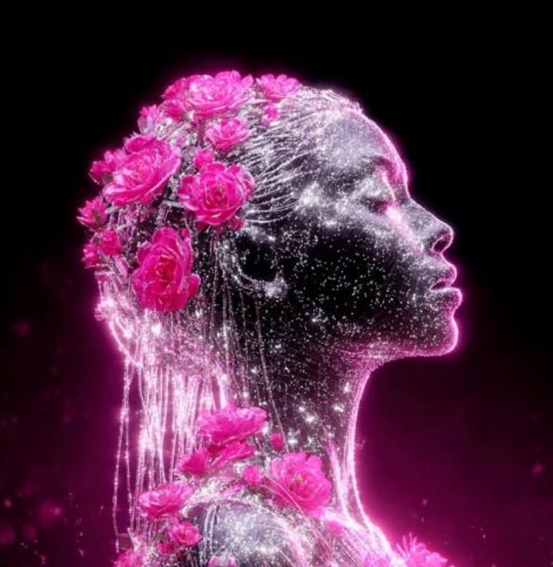 May include: Digital artwork showing a profile of a face with a shimmering, silver texture. Pink roses are arranged on the head and neck, set against a dark backdrop. The image has a radiant, otherworldly appearance.