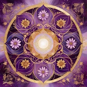 Op de afbeelding: Een gedetailleerd, cirkelvormig mandala-ontwerp in tinten paars, goud en wit. Het kunstwerk bevat bloemen- en geometrische patronen, met een centrale gloeiende bol en stralend licht. De algehele esthetiek is spiritueel en decoratief.