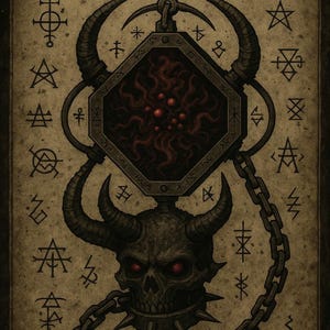 May include: An illustration of a dark, gothic-style device labeled "ANARCHY LEASH DEPLOYMENT SYSTEM." It features a horned skull, a chain, and an octagonal frame with a red, fiery interior. Various symbols surround the central image.