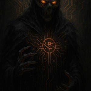 Può includere: Illustrazione digitale di una figura incappucciata con un volto a forma di teschio. Gli occhi della figura brillano di arancione e un design a circuito stampato copre il cranio e il petto. La combinazione di colori è scura, con accenti arancioni.