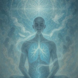 Könnte beinhalten: Eine ruhige Illustration zeigt eine Person in meditativer Pose, die ein sanftes blaues Leuchten ausstrahlt. Das Kunstwerk zeigt eine detaillierte Darstellung der Lunge, mit ätherischer Energie, die nach außen strömt. Ein geometrisches Muster und eine Taube sind im Hintergrund.