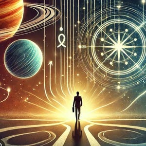 May include: A digital artwork shows a person in a suit walking towards a bright light. Planets and celestial elements are in the background, with lines and arrows creating a sense of movement and direction. The colour palette includes gold, blue, and orange.