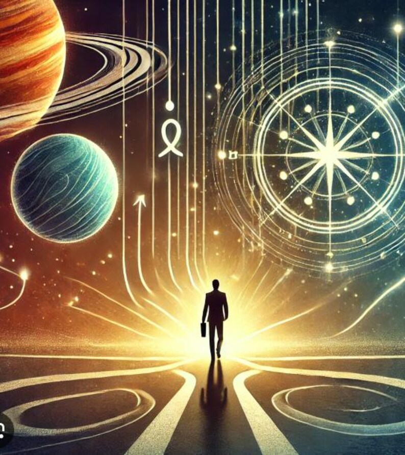 May include: A digital artwork shows a person in a suit walking towards a bright light. Planets and celestial elements are in the background, with lines and arrows creating a sense of movement and direction. The colour palette includes gold, blue, and orange.