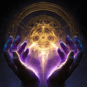 May include: Digital artwork showing two hands holding a glowing orb of light. The hands are purple, and the orb emits golden energy with complex geometric patterns. A circular design surrounds the scene.