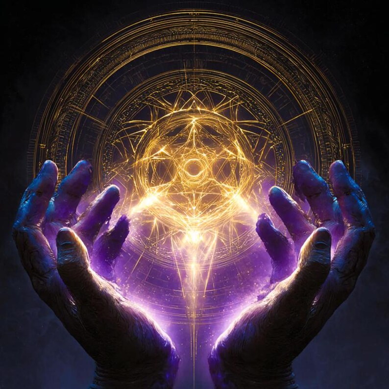 May include: Digital artwork showing two hands holding a glowing orb of light. The hands are purple, and the orb emits golden energy with complex geometric patterns. A circular design surrounds the scene.