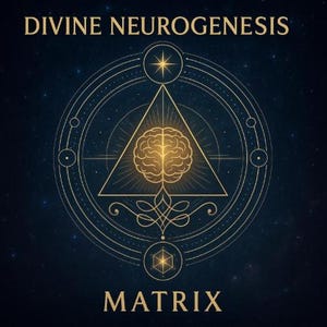 May include: A digital illustration with the words "DIVINE NEUROGENESIS" and "MATRIX" in gold lettering. The design features a brain inside a triangle, surrounded by geometric shapes and a starry background.