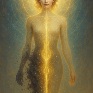 Peut inclure: Illustration numérique d'une femme aux yeux fermés, rayonnant d'une lumière dorée. Un champ d'énergie brillant et lumineux l'entoure, avec une ligne centrale de lumière le long de son corps. Le fond est un mélange de bleu et d'or.