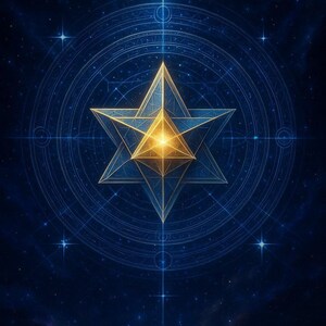 May include: Digital artwork depicting a six-pointed star in gold and blue, set against a dark blue backdrop with scattered stars. The star is the focal point, enclosed within concentric circles, evoking a sense of cosmic mystery and celestial themes.