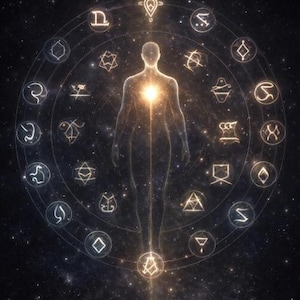 Può includere: Arte digitale raffigurante una figura umana al centro di un design circolare luminoso con simboli. La figura è delineata da una luce soffusa ed eterea, con una luce brillante che emana dalla zona del petto. Lo sfondo è uno spazio scuro e stellato.