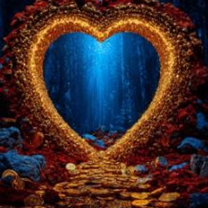 May include: A heart-shaped archway, framed with gold and red textures, stands in a mystical forest. The archway reveals a bright blue light, and a path of gold coins leads towards it. The scene is set in a dark forest with blue and green hues.
