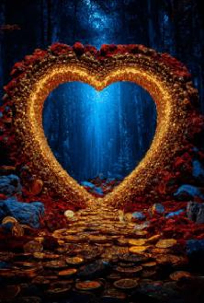 May include: A heart-shaped archway, framed with gold and red textures, stands in a mystical forest. The archway reveals a bright blue light, and a path of gold coins leads towards it. The scene is set in a dark forest with blue and green hues.
