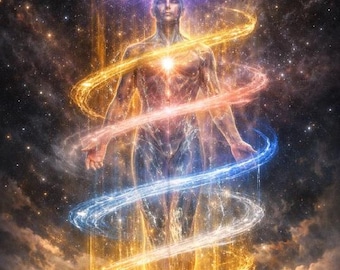 May include: Digital art depicting a human figure radiating light, surrounded by swirling energy. The figure stands above a glowing cityscape, with a celestial background of stars and nebulas. The color palette includes gold, blue, and red.