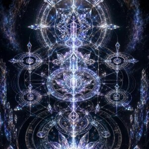 Könnte beinhalten: Eine digitale Illustration mit einer vertikalen Anordnung aus leuchtend blauen und violetten geometrischen Formen, konzentrischen Kreisen und kristallinen Strukturen, ergänzt durch lotusartige Blumenmuster und spitze Kristalle.