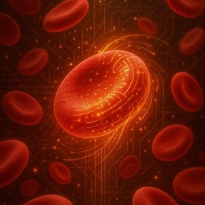Pode incluir: Ilustração digital de glóbulos vermelhos, com uma célula destacada com circuitos brilhantes. O fundo é laranja escuro com uma rede de linhas e pequenos pontos brilhantes, criando uma estética futurista e científica.