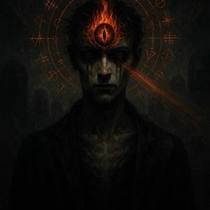 May include: Dark, gothic-style digital art of a person with a fiery eye on their forehead. The person has dark hair and is wearing a dark shirt. A fiery orange beam extends from the eye. The background is dark and shadowy.