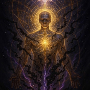 Könnte beinhalten: Digitales Kunstwerk, das eine menschliche Figur mit einem leuchtenden Kern und strahlender Energie darstellt. Die Figur ist von dunklen, wirbelnden Ranken und einem himmlischen Hintergrund mit einem hellen Stern oben umgeben. Die Farbpalette umfasst Gold, Lila und Schwarz.