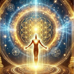 Könnte beinhalten: Digitale Kunst, die eine Figur mit ausgestreckten Armen zeigt, die Licht innerhalb konzentrischer Kreise und geometrischer Muster ausstrahlt. Die Farbpalette umfasst Gold, Blau und Weiß und erzeugt ein himmlisches und spirituelles Thema.