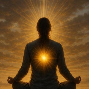 May include: A person in a meditative pose, seen from the back, with a bright golden light radiating from their back. The background shows a sunset sky with beams of light.