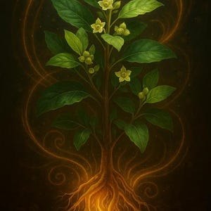 May include: Digital illustration of a plant with green leaves and small yellow flowers. The plant's roots glow with a warm light, and golden swirls surround the plant, set against a dark background.