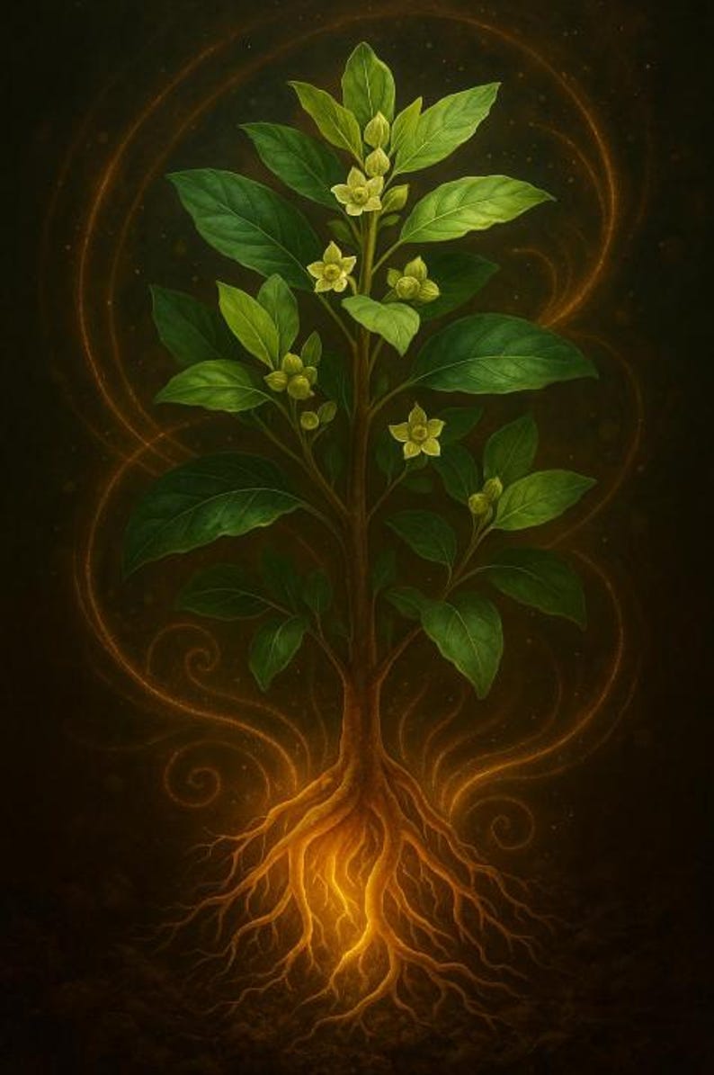 May include: Digital illustration of a plant with green leaves and small yellow flowers. The plant's roots glow with a warm light, and golden swirls surround the plant, set against a dark background.