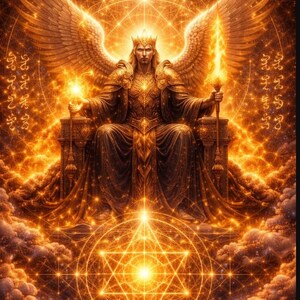 May include: Digital artwork depicting a crowned figure with large wings and golden armour, seated on a throne. The image is illuminated by warm, golden light, with celestial patterns and a glowing sword. The theme is fantasy and spirituality.