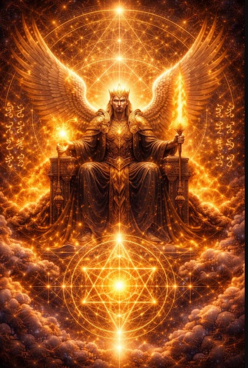 May include: Digital artwork depicting a crowned figure with large wings and golden armour, seated on a throne. The image is illuminated by warm, golden light, with celestial patterns and a glowing sword. The theme is fantasy and spirituality.