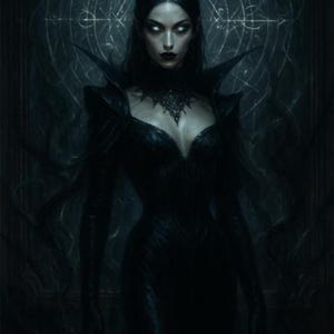 May include: A digital illustration of a dark-haired figure with horns, wearing a black dress and a jeweled necklace. The figure has pale skin and white eyes, set against a dark, gothic background with a circular design.