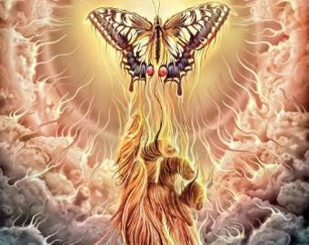 May include: An artistic illustration of a butterfly with intricate wing patterns, radiating light. The butterfly hovers above a hand, with fiery tendrils extending upwards. The background features a cloudy, ethereal atmosphere with warm and cool tones.