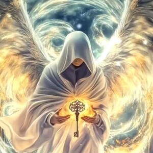 May include: Digital artwork depicting a robed figure holding a glowing key. The figure is surrounded by ethereal wings and golden light, set against a dark, celestial background. The key is ornate and detailed.