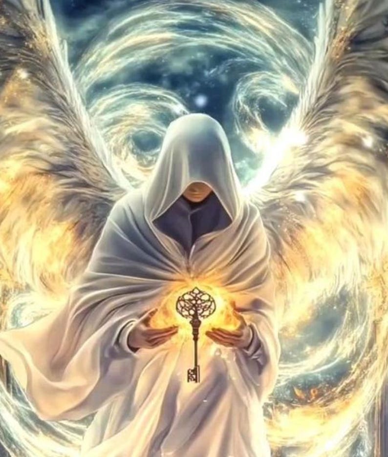 May include: Digital artwork depicting a robed figure holding a glowing key. The figure is surrounded by ethereal wings and golden light, set against a dark, celestial background. The key is ornate and detailed.