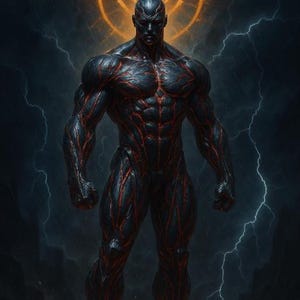Könnte beinhalten: Digitales Kunstwerk eines muskulösen Körpers mit dunkler Haut und roten Adern, vor einem stürmischen Hintergrund mit Blitzen. Ein goldenes Symbol leuchtet über dem Kopf der Figur und erzeugt ein dramatisches Bild.