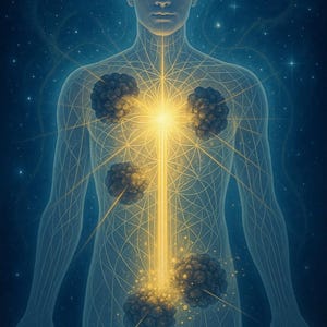Op de afbeelding: Digitale illustratie van een menselijke figuur met een gloeiend gouden licht dat uit het midden komt, met energielijnen en donkere clusters. De achtergrond is donkerblauw met sterren, wat een kosmisch thema creëert.