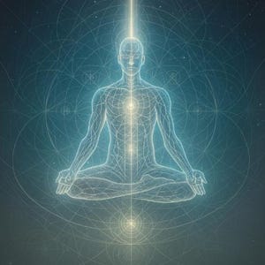 Może przedstawiać: Cyfrowa ilustracja medytującej postaci w pozycji lotosu, z jasnym światłem emanującym z czubka głowy. Postać jest obrysowana na biało na niebieskim tle z geometrycznymi wzorami. Obraz przywołuje tematy duchowości i medytacji.