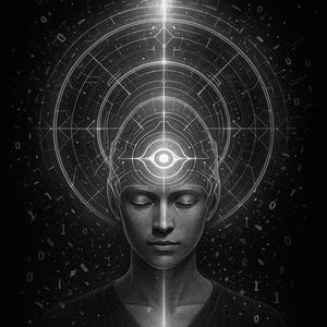 Könnte beinhalten: Schwarz-weiße digitale Kunst einer Person mit geschlossenen Augen, einem leuchtenden dritten Auge und einem Netzwerk aus Linien und Kreisen um den Kopf. Der Hintergrund ist dunkel mit Binärcode.
