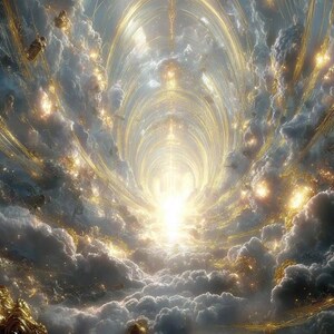 May include: A digital artwork showing a celestial tunnel of light. The image features a bright, glowing light source at the end of a golden, arched pathway. Fluffy, white and grey clouds are interspersed with golden accents, creating a dreamlike atmosphere.