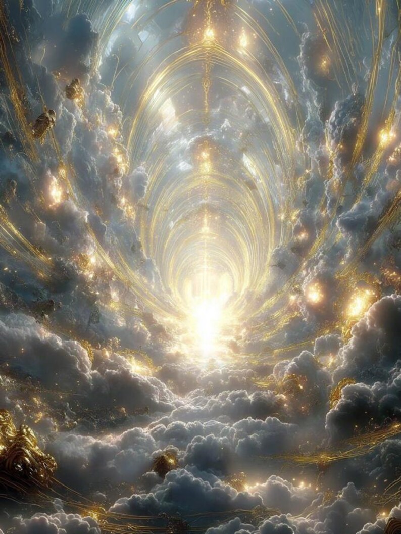 May include: A digital artwork showing a celestial tunnel of light. The image features a bright, glowing light source at the end of a golden, arched pathway. Fluffy, white and grey clouds are interspersed with golden accents, creating a dreamlike atmosphere.