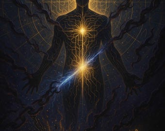 Op de afbeelding: Digitale kunst die een silhouet van een menselijke figuur afbeeldt met een netwerk van gloeiende lijnen. De figuur heeft helder licht op de borst en het hoofd, met een blauwe energiestroom. Donkere ranken en een handomtrek omlijsten de figuur tegen een donkere blauwe achtergrond.