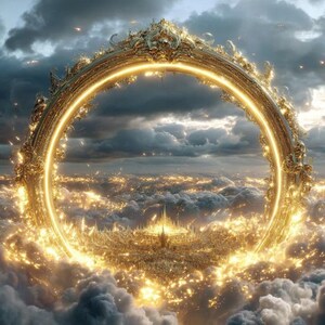 May include: An elaborate, golden circular frame with detailed carvings, glowing brightly. The frame surrounds a cityscape of golden lights, set against a backdrop of dark, cloudy skies and fluffy clouds. The image has a fantastical, dreamlike quality.