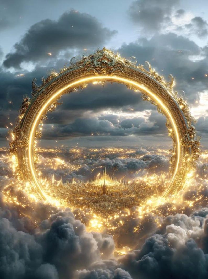 May include: An elaborate, golden circular frame with detailed carvings, glowing brightly. The frame surrounds a cityscape of golden lights, set against a backdrop of dark, cloudy skies and fluffy clouds. The image has a fantastical, dreamlike quality.