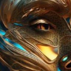Puede incluir: Primer plano de una máscara detallada y ornamentada con apariencia de dragón. La máscara presenta intrincados filigranas dorados y bronce, con toques de verde azulado y azul. El ojo es de color marrón cálido, y el diseño general sugiere un tema de fantasía o mitológico.