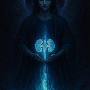 以下が含まれることがあります： 暗いローブを着た人物が青い光を放つデジタルアート。その人物は、光り輝く、様式化された腎臓の形を保持しており、エネルギーが下向きに流れています。背景は、光輪のある暗い宇宙のシーンです。