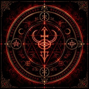 May include: A detailed, symmetrical design featuring a central symbol with a cross and eye, surrounded by geometric shapes and text. The artwork is predominantly red and gold on a black background, with ornate borders and a mystical theme.
