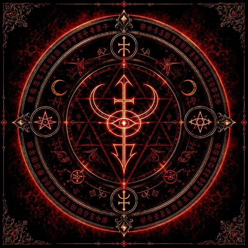 May include: A detailed, symmetrical design featuring a central symbol with a cross and eye, surrounded by geometric shapes and text. The artwork is predominantly red and gold on a black background, with ornate borders and a mystical theme.