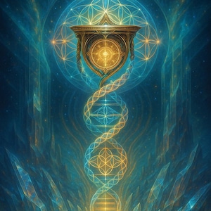 Könnte beinhalten: Abstrakte digitale Kunst mit einer goldenen schildartigen Struktur mit komplizierten geometrischen Mustern und einem Spiraldesign. Das Kunstwerk ist vor einem Hintergrund aus Blau- und Goldtönen gehalten, mit einem kronenartigen Element oben.