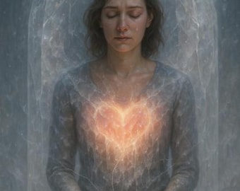 May include: An artistic digital painting of a person in a meditative pose, eyes closed, with a glowing heart-shaped light emanating from the chest. The figure is surrounded by a translucent, arched structure, with a soft, ethereal quality.