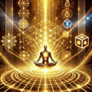 Könnte beinhalten: Digitales Kunstwerk, das eine meditierende Figur in der Lotusposition zeigt, die goldenes Licht ausstrahlt. Geometrische Formen und Muster, darunter Kugeln, Würfel und miteinander verbundene Linien, umgeben die Figur. Der Hintergrund zeigt eine kosmische, sternenübersäte Weite mit Fokus auf spirituelle und metaphysische Themen.