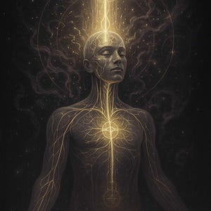 Può includere: Opera d'arte digitale raffigurante una persona in meditazione, con gli occhi chiusi e un'energia dorata che emana dalla testa e dal corpo. Lo sfondo è scuro, con elementi celesti. L'immagine evoca spiritualità.