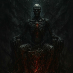May include: A digital artwork showing a skeletal figure seated on a throne. The figure is dark with a glowing red pattern on the chest. The background is a dark, ominous scene with a circular emblem above the figure.