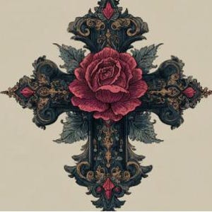 May include: An ornate, dark cross design with a large, red rose at the center. The cross features intricate scrollwork and accents in gold and red. Green leaves are interspersed throughout the design, set against a neutral background.